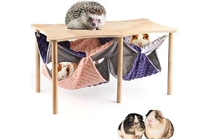 HOSUKKO Guinea Pig Hideout Double Hammock with Stand for Ferrets, 2PCS Hanging Soft Sleeping Bed with Large Durable Wooden Stand for Small Animals Hiding Sleeping Playing