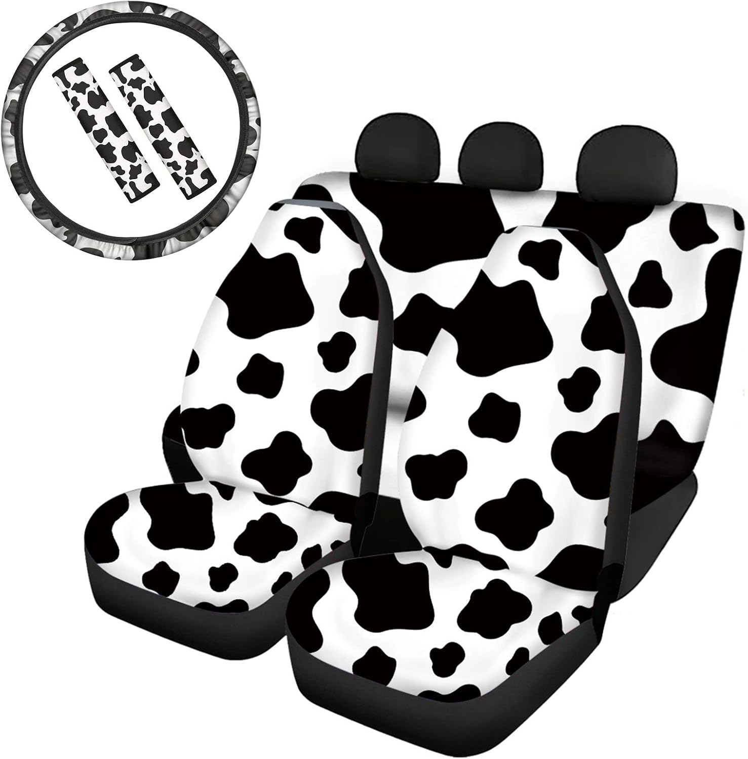 JOAIFO 7Pcs Black White Cow Print Universal fit Car Seat