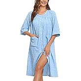 YOZLY Nightgowns for Women Cotton Snap Front Housecoat 3/4 Sleeve Housecoat with Pockets S-3XL