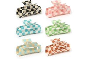 Paderison Checkered Multicolored Rectangle Y2K Hair Barrettes and Claw Clips - 6 Pcs Strong Hold Hair Accessories for Thin & Thick Hair