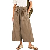Yeokou Women Casual Wide Leg Pants Summer Cotton High Rise Elastic Waist Cropped Capris Trousers with Pockets