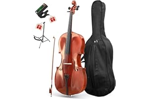 PYY Cello 4/4 Full Size - Solid Wood Acoustic Cello Package with Stand, Case, Bow, Rosin, Tuner & Extra Strings, Ideal for Student & Adult Beginners