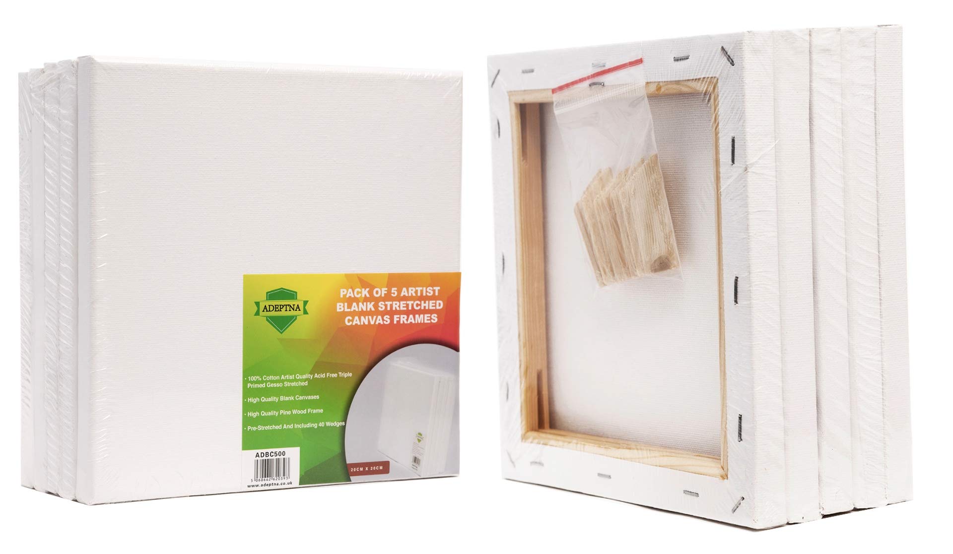 ADEPTNA Pack of 5 Artist Blank Stretched Canvas Frames - 100% Cotton Artist Quality Acid Free Triple Primed Gesso Stretched Canvas Frames with 40 Tightening Keys (20CM X 20CM)