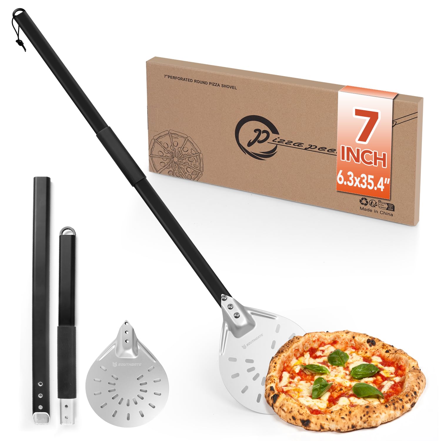SOUTHGATE 7 Inch Perforated Pizza Peel, Round Aluminium Pizza Spatula, with Removable Extension Handle [90 cm], Pizza Shovel for Oven Pizzas.