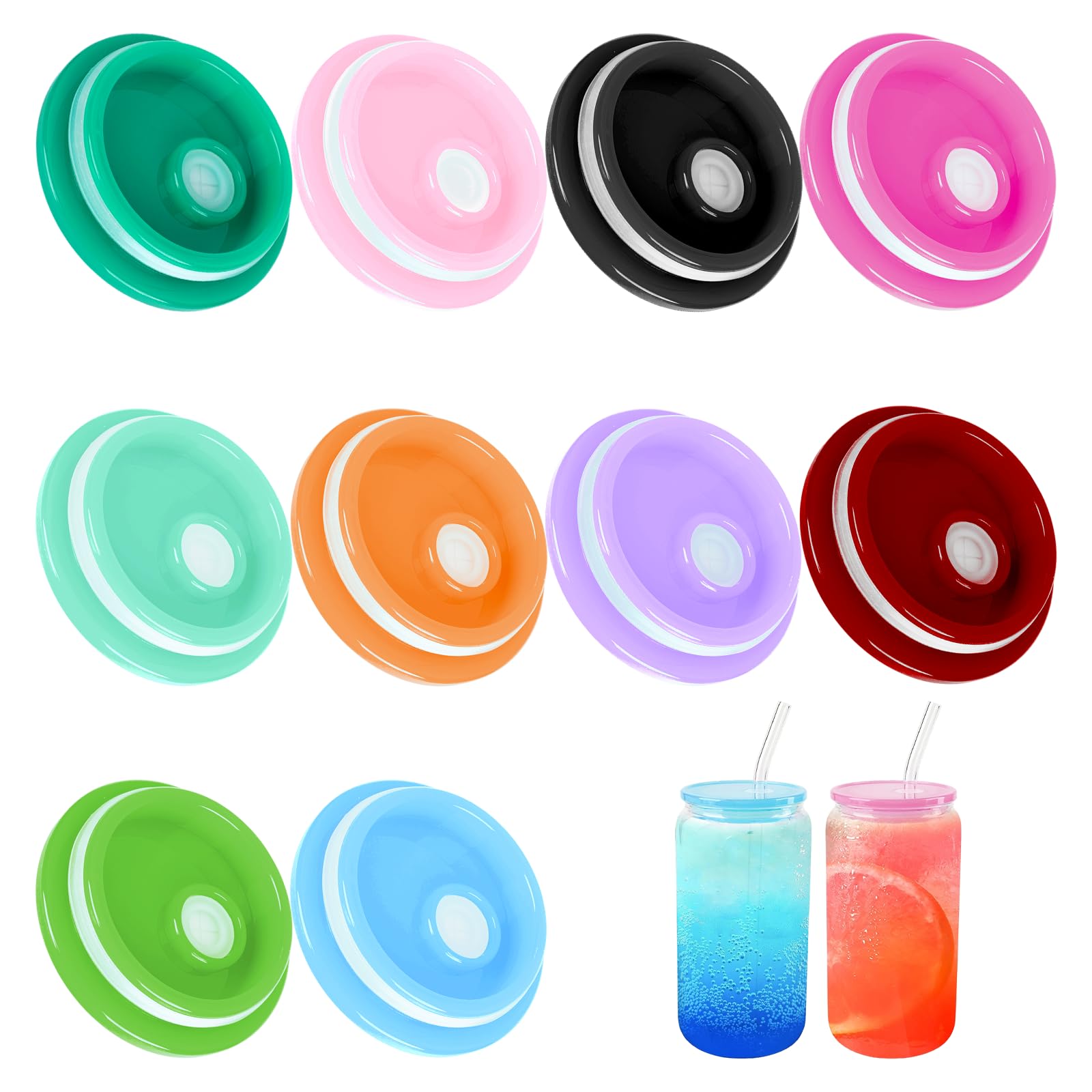 Photo 1 of 10 Pack Acrylic Lids for 16 oz Glass Cups, Can Straw Lid, Tumbler Lid Replacement, Spill Proof Reusable Plastic Lids for Glass Cups Iced Coffee Cup Beer Can Milk Tea Juice (Color Mixing)