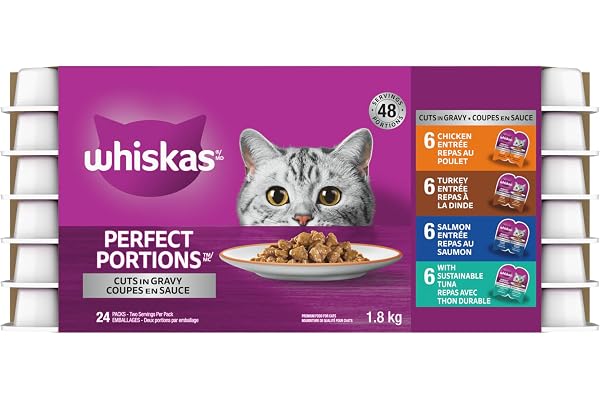 WHISKAS Perfect Portions Adult Wet Cat Food Cuts in Gravy Variety Pack Chicken, Turkey, Salmon, Tuna - 75g (24 Pack)