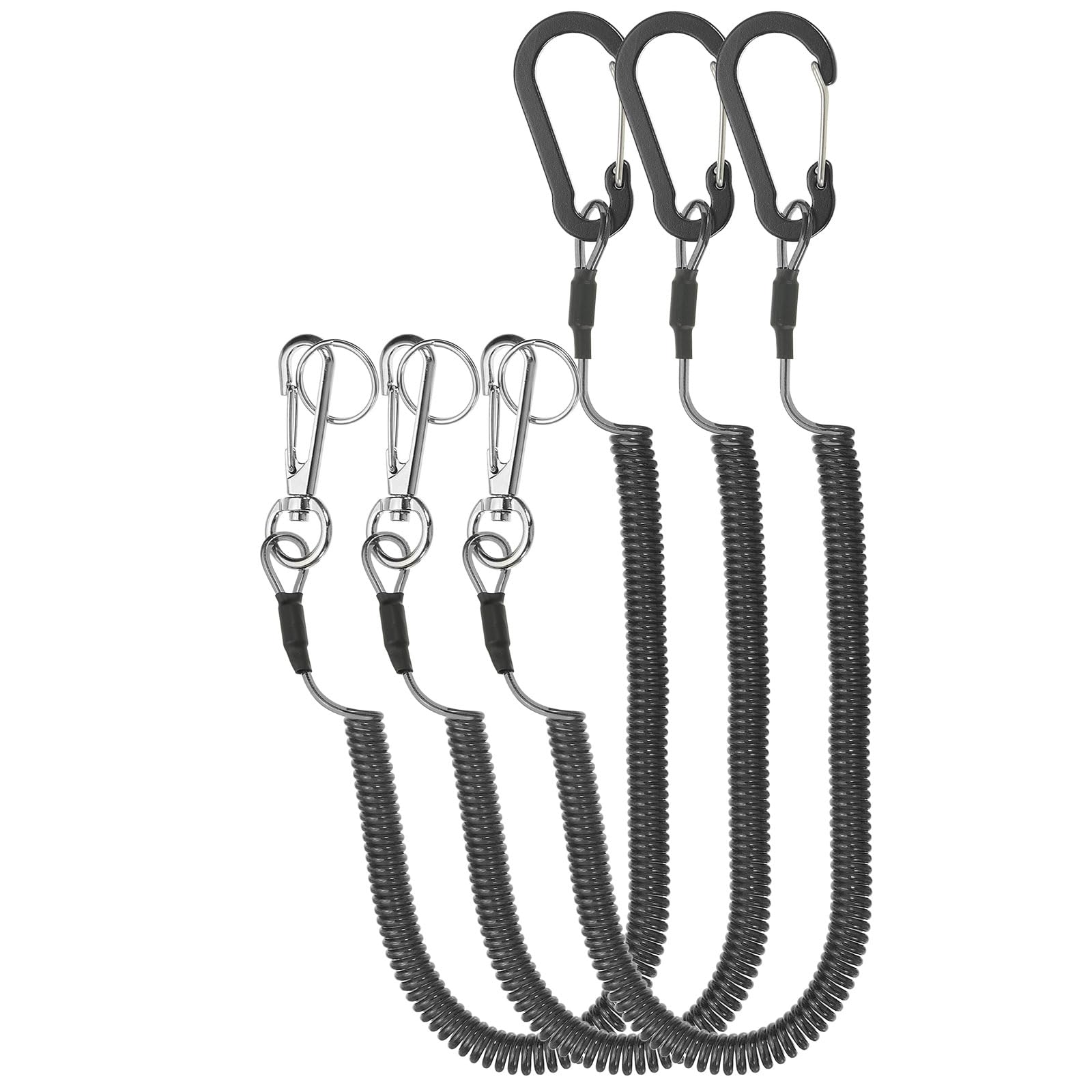 PATIKIL 3pcs Retractable Spring Coil Straps, 6" Spiral Stretchy Safety Lanyard Cord with Aluminium Rotatable Clip for Fishing Kayak Climbing Boating Pliers, Black