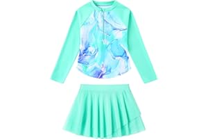 Ghteas Girls Rash Guard Swimsuit Long Sleeve Bathing Suits with Swim Skirt Shorts 2 Piece Sun Protection Swimwear 3-12 Years