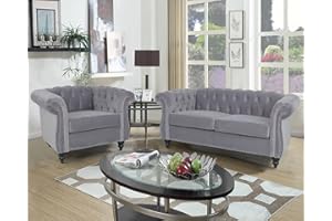 RARZOE 2 Pieces Living Room Furniture - Grey Chesterfield Style Sofa Set with Nailhead Trim Scroll Arms, Includes 1 Accent Club Chair and 1 Loveseat
