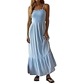 R.Vivimos Womens Summer Boho Cotton Maxi Dress Adjustable Spaghetti Strap Elastic Smocked Casual Ruffle Hem Flowy Beach Dress