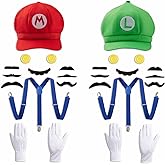 Lukvuzo Adults Super Bros Costume Accessories Plumber Hat Costume with Mustaches Suspenders Gloves for Cosplay Red & Green Recommended age 15+