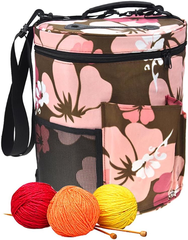 Crochet Knitting Bag, Poratable Yarn Wool Knitting Needles Storage Tote Organizer Holder With Pockets For Accessories And Holes To Prevent Tangling, 10.8 x 12.7 In