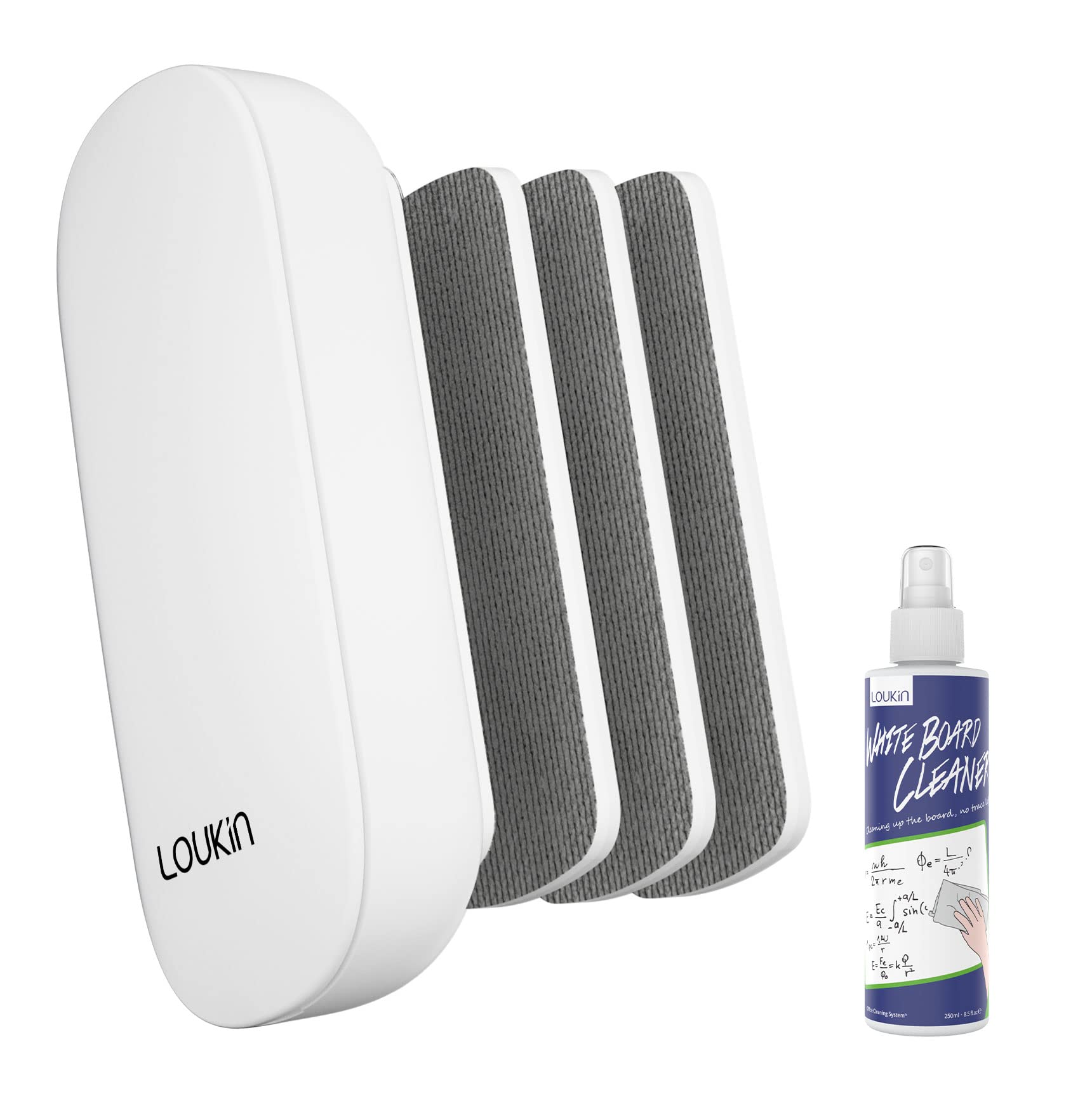 loukin Replaceable Dry Erase Eraser, Magnetic Whiteboard Eraser with 3 Replaceable Felt Pads, 4-in-1 Glass Whiteboard Erasers(White), Free 3.4oz Whiteboard Cleaner Included