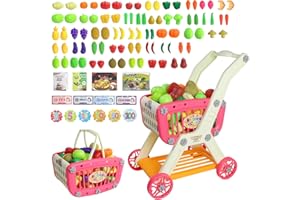 Yeeyuue 150 PCS Kids Shopping Cart Toy, Toddler Shopping Cart with Shop Accessories & Storage Properties, Included Grocery Cart Toy, Pretend Fruit Vegetables (Red)