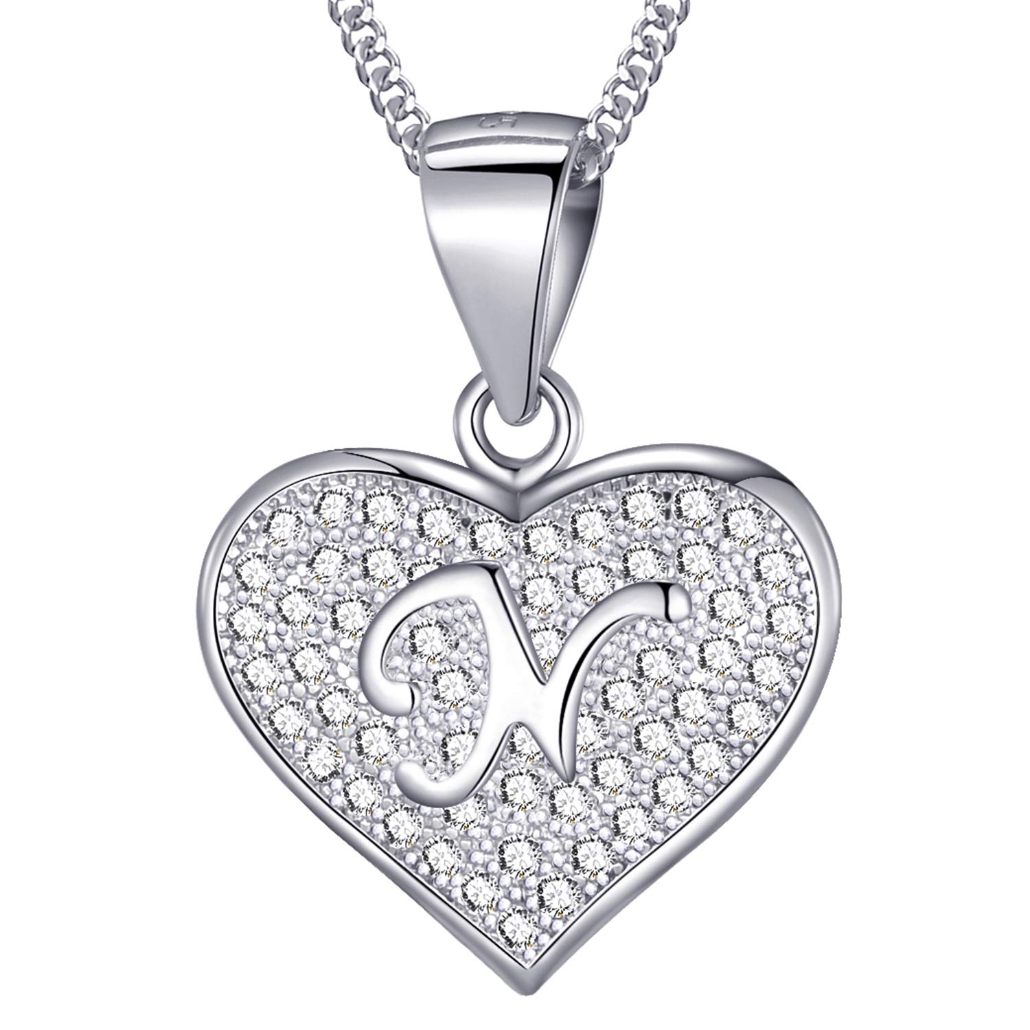 MASADA 925 Sterling Silver Heart Letter Necklace - Initial Pendant with Zircon Stones - Letter N - Personalised Alphabet, Teens & Girls - 46 cm - 18 inch Chain in Velvet Bag