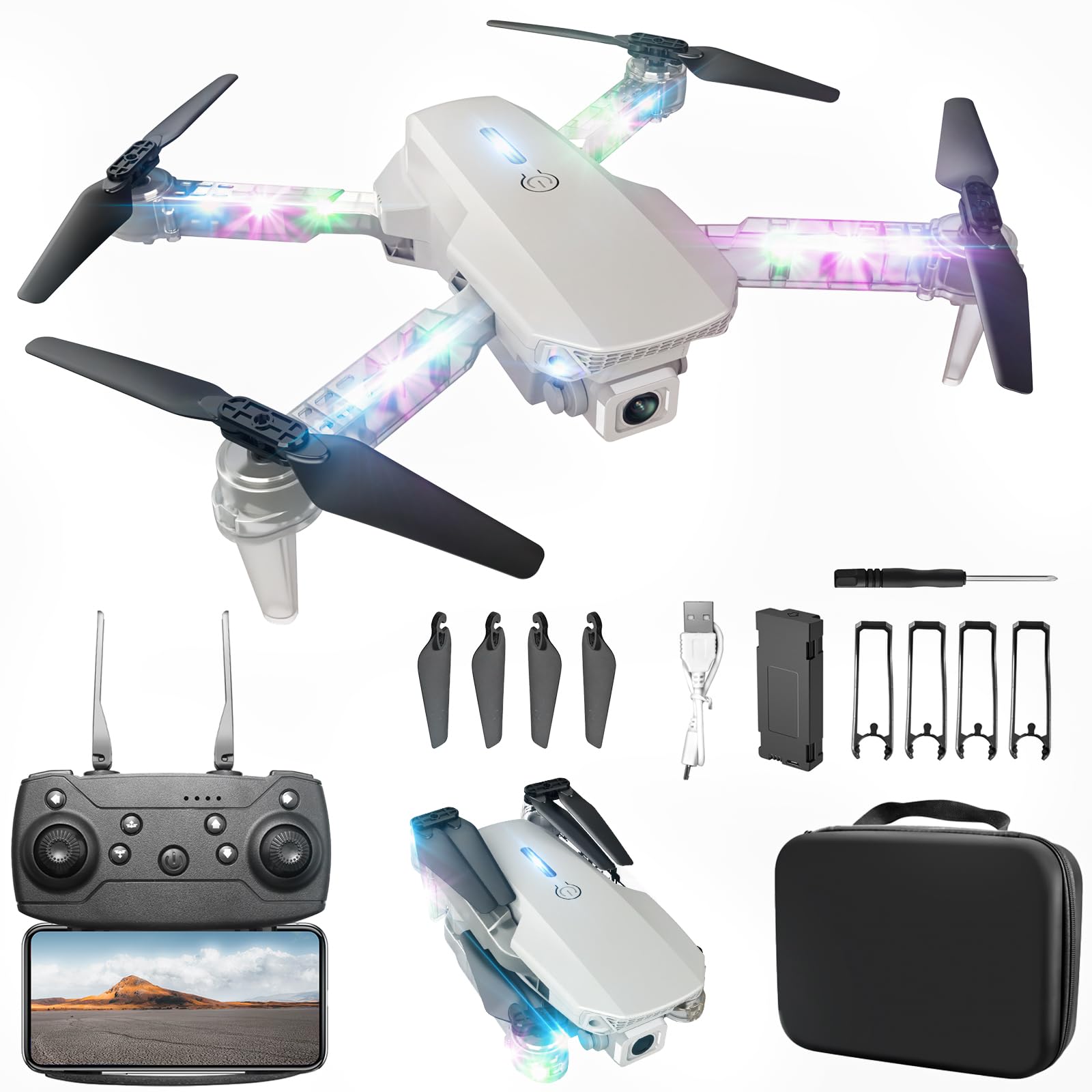 Photo 1 of ***PARTS ONLY -SELLING AS PARTS ONLY*** 
Drone with Camera 1080P HD - Foldable FPV Mini Drones with LED Lights for Adults Kids and Beginners, Toys Gifts RC Quadcopter with One Key Take Off, 3D Flips for Boys Girls with 2 Batteries, White