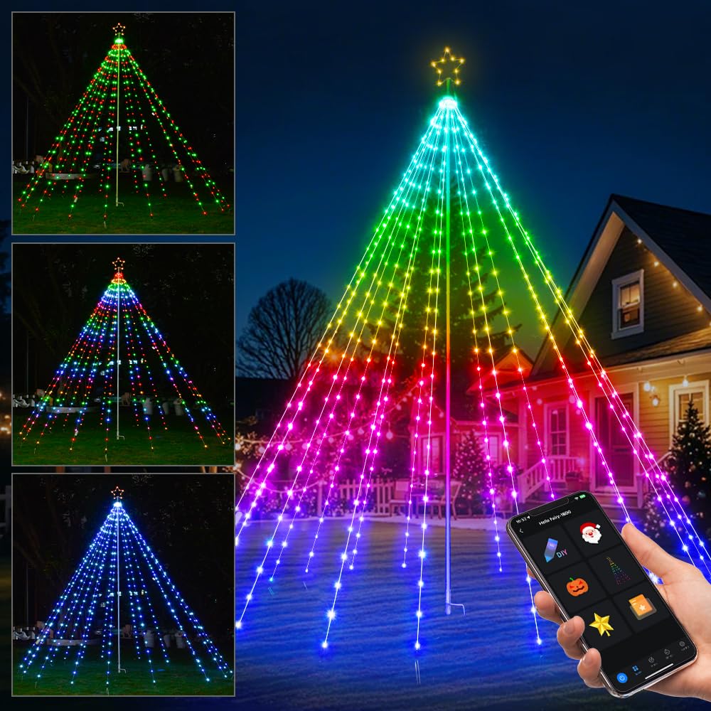 Photo 1 of 13.5ft,542 LEDs Smart Christmas Tree Lights Outdoor Pole Set,App&Remote Control Large Waterfall String Lights,DIY RGB Colors,Music Sync,Timer,Waterproof Giant Tree Lights for Yard,Party,Xmas Decor