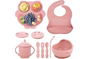 Bnditeu Baby Weaning Set - Silicone Toddler Feeding Set (10 Pcs) with Adjustable Bib, Suction Bowl, Plate, Fork, Spoon, Water & Snack Cup Kit - Baby Led Weaning Kit