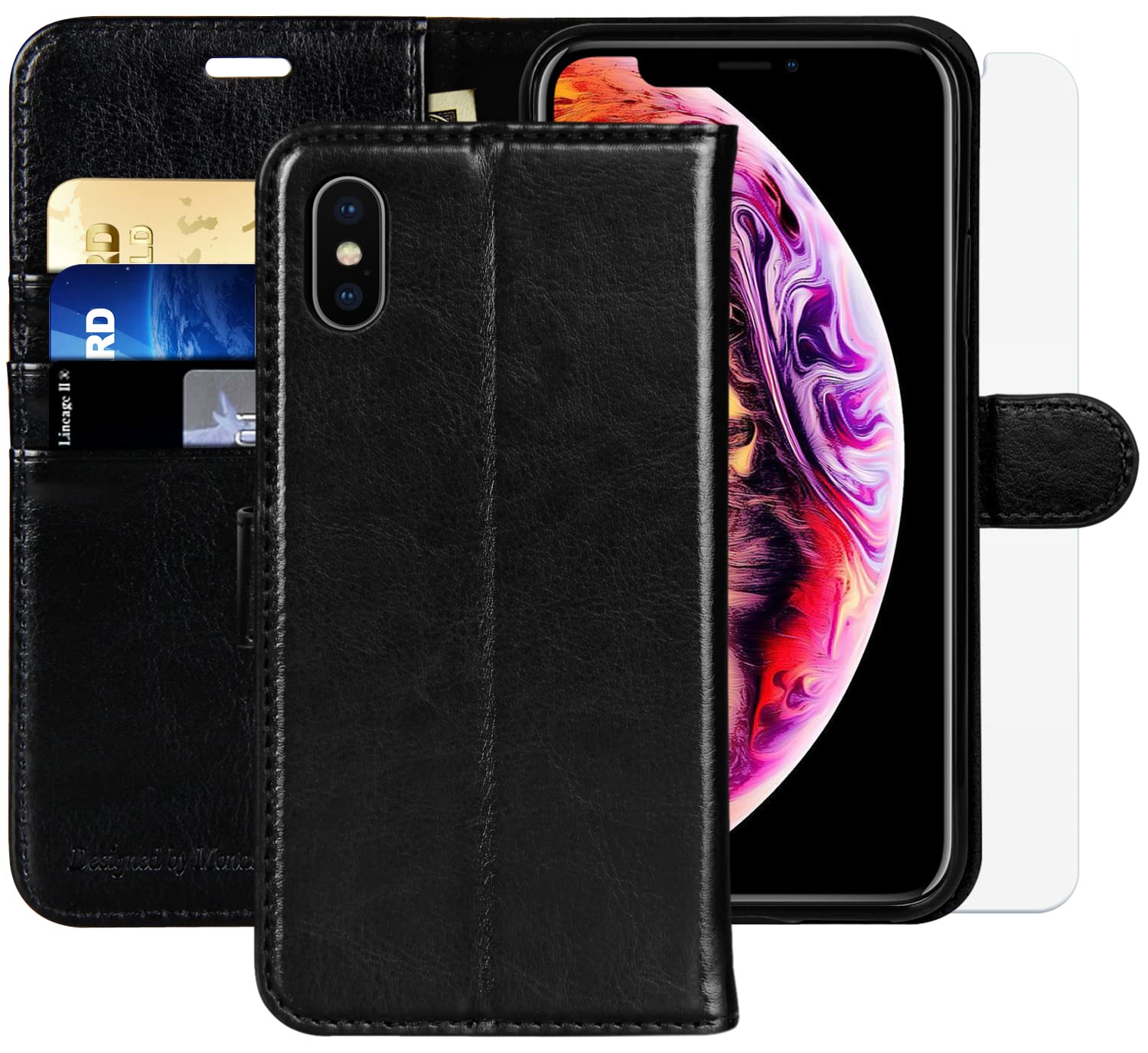MONASAY iPhone Xs MAX Wallet Case,6.5-inch, [Glass Screen Protector Included][RFID Blocking] Flip Folio Leather Cell Phone Cover with Credit Card Holder for iPhone Xs MAX,Black