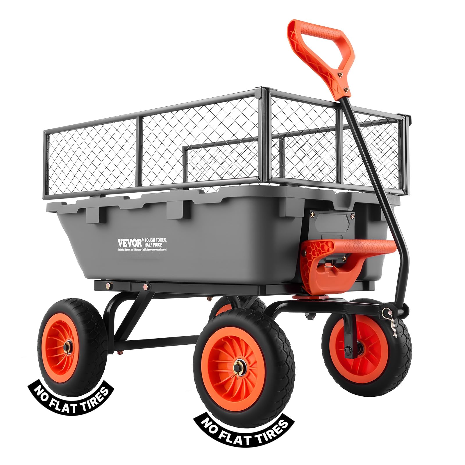 VEVOR 800LBS 7 CU.FT Poly Garden Cart Dump Wagon, Heavy Duty 4 Wheel Wheelbarrow with 10" Flat Free Tires, Yard Cart Dump Wagon with Removable Raised Sides and Quick-Release System Image