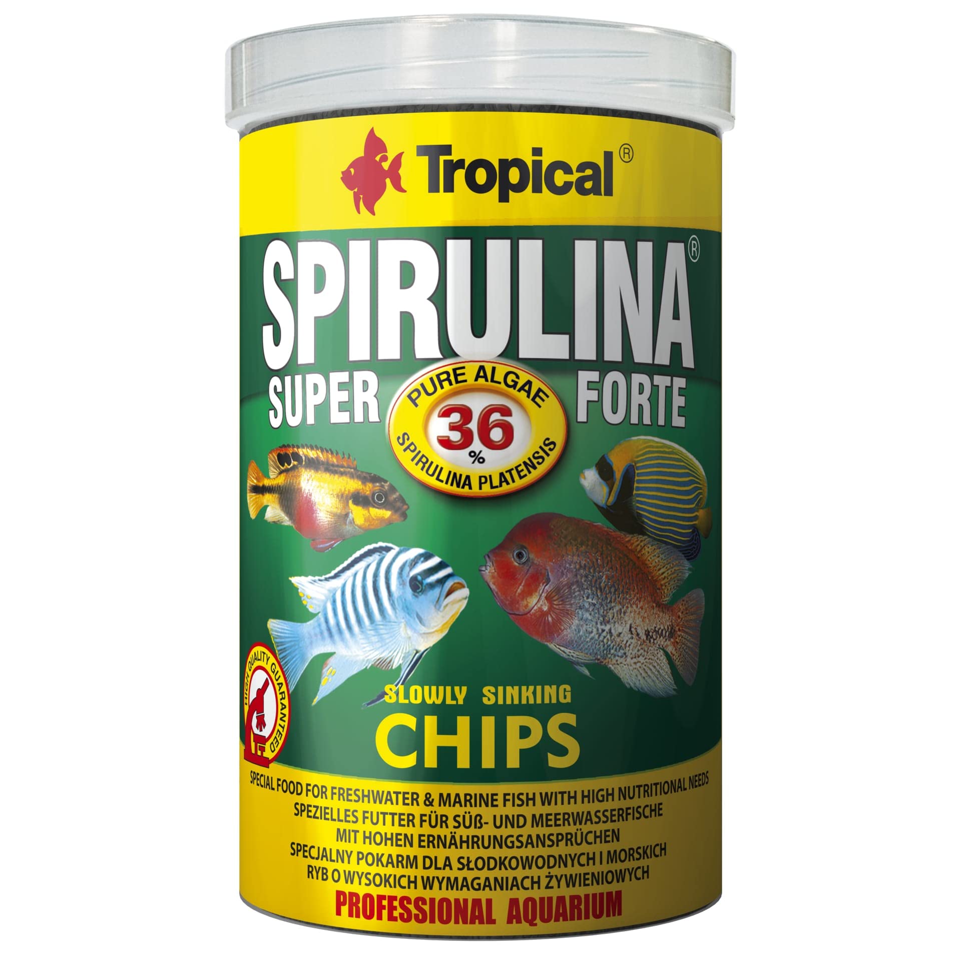 Tropical SUPER SPIRULINA FORTE CHIPS 1000ml / 520g - Spirulina-Rich Chips for Large Algae-Eating Fish (Color, Growth & Immunity Boost)