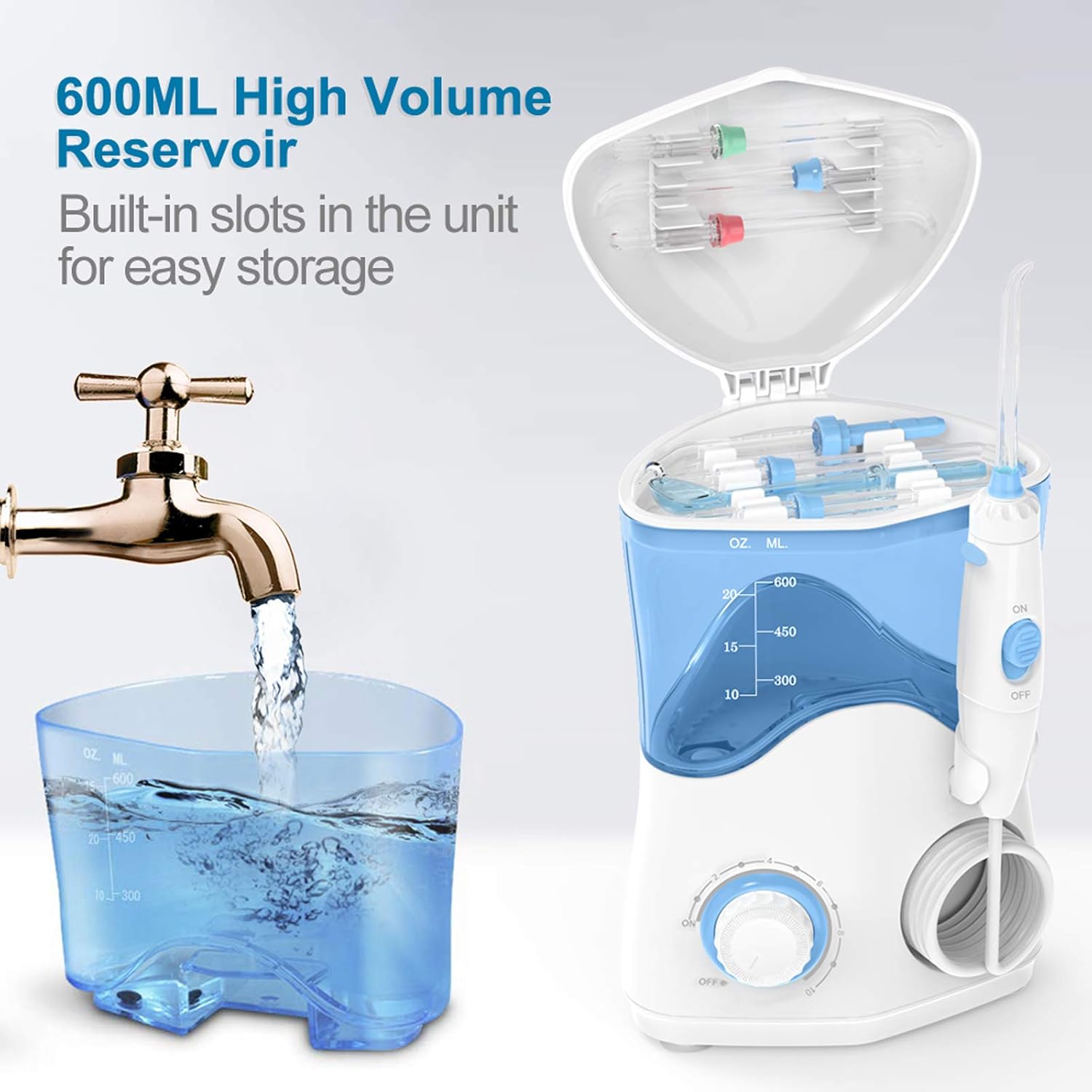 Water Dental Oral Irrigator for Teeth/Braces,10 Pressure Levels Water Teeth Cleaner 8 Water Jet Tips for Family, 600ML Electric Dental Flosser Pick for Tooth Cleaning (White): Health & Personal Care