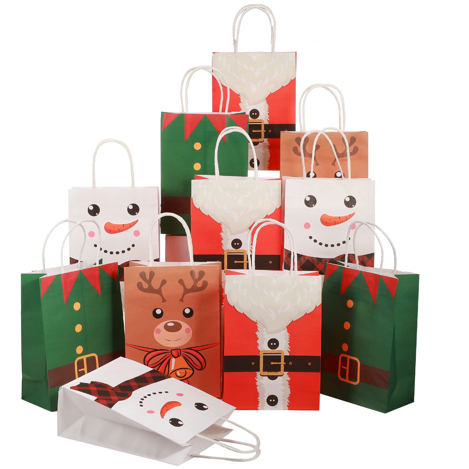 Nezyo 24 Pcs Christmas Paper Gift Bags with Handles Christmas Goodie Treat Wrap Bags Santa Claus Snowman Deer Elf Suit Prints Set Bulk for Xmas Holiday Party Favors, 8 x 6 x 3 Inch