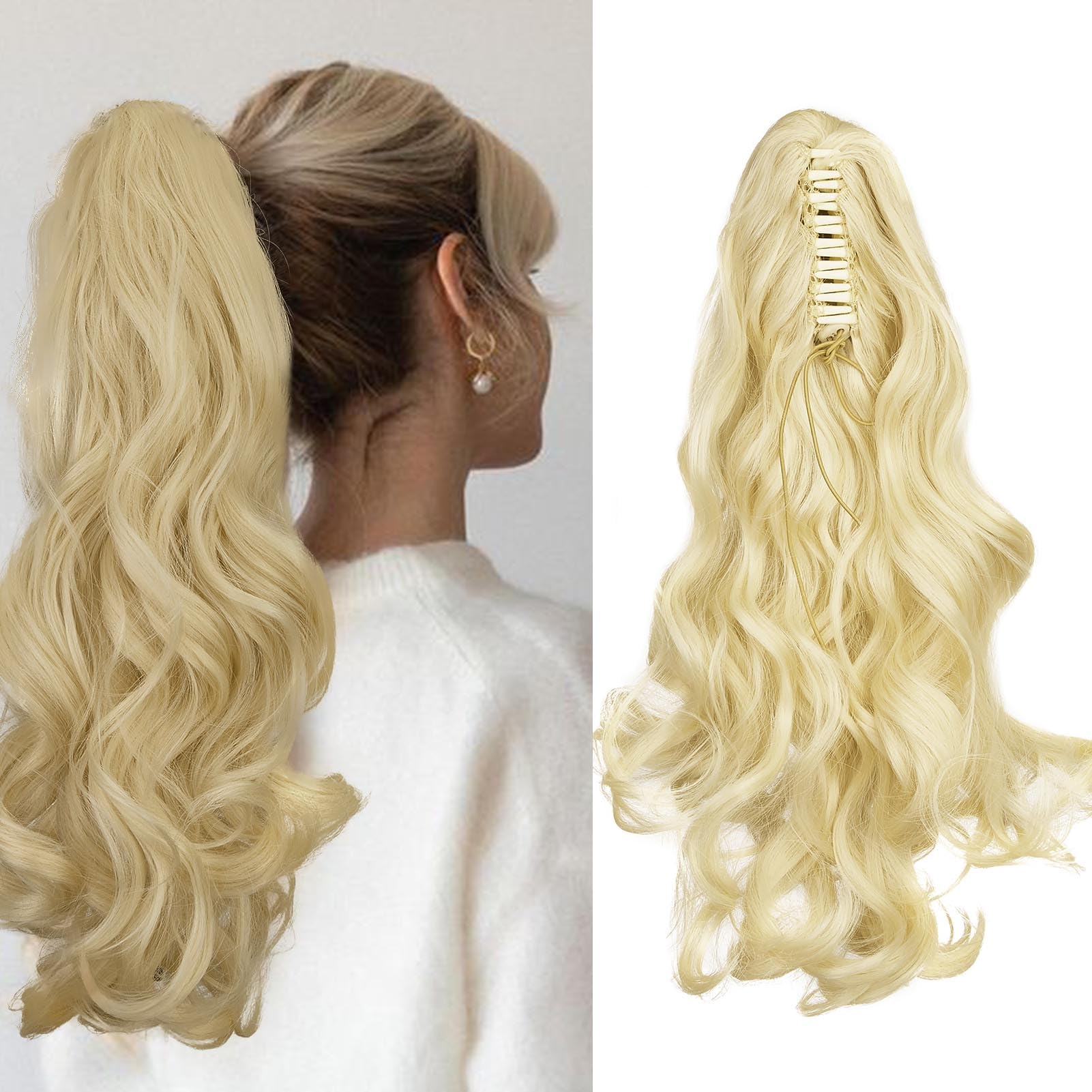 Cybelleza Ponytail Extension Curly Wavy Claw Jaw Pony Tail 18" One Piece Clip in Hair Extensions Ponytail Hairpiece Synthetic Long Natural for Women, Bleach Blonde