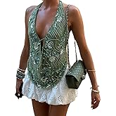 Women Y2k Sequin Tank Top Sparkly Low Cut Cami Top Pearl Sleeveless Crop Top Rhinestone Floral Camisole