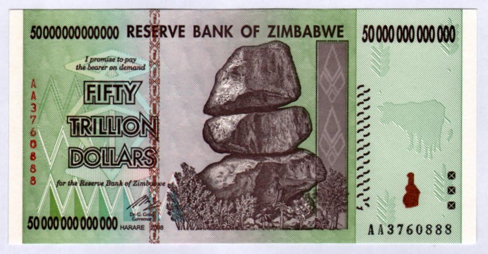 RBZ Collectibles Zimbabwe Bill Banknote - Authentic 50 Trillion Dollar Note, Collector's Value Only, Multicoloured, Medium