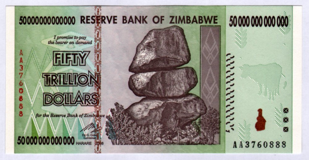 RBZ Collectibles Zimbabwe Bill Banknote - Authentic 50 Trillion Dollar Note, Collector's Value Only