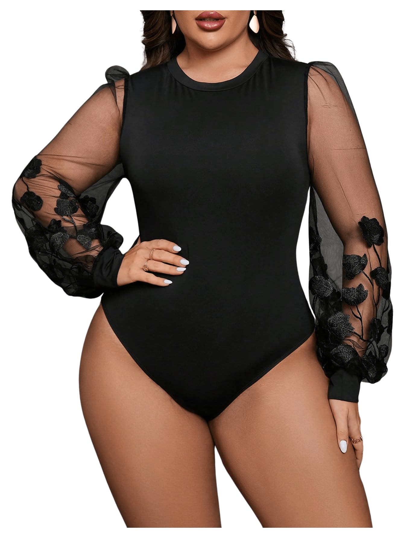 Photo 1 of Milumia Women's Plus Size Sheer Mesh Floral Long Sleeve Bodysuit Blouse Shirt Top