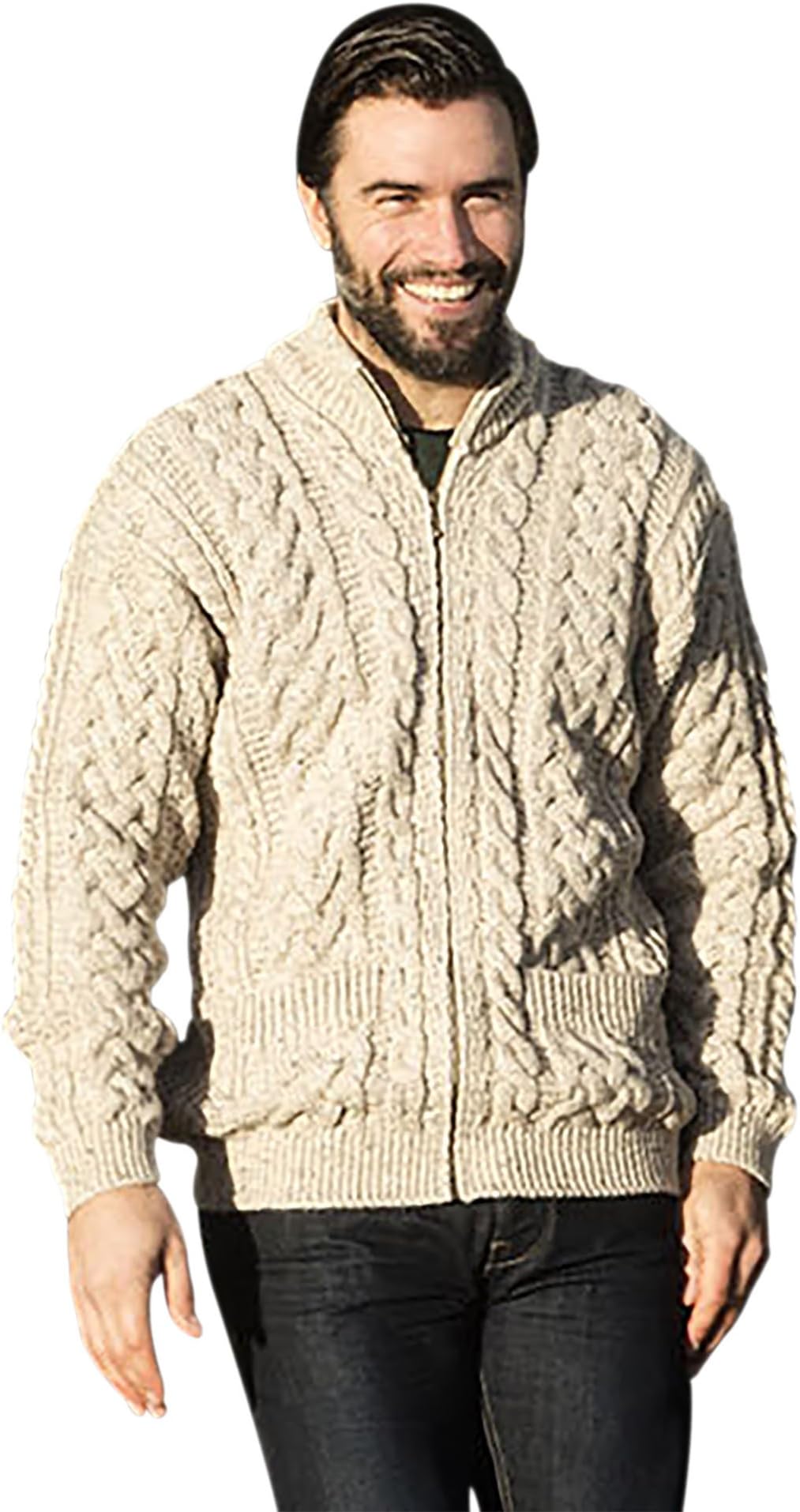 Carraig Donn Men's Wool Irish Zipper Sweater Jacket with Pockets