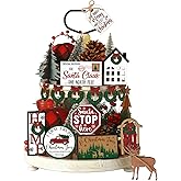 Funnymoom 17 Pcs Christmas Tiered Tray Decor Set Winter Tiered Tray Decorations Truck Santa Wooden Sign Farmhouse Vintage Christmas Table Decor for Home Shelf Rustic Table Centerpiece