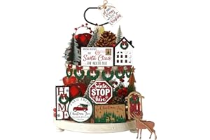 Funnymoom 17 Pcs Christmas Tiered Tray Decor Set Winter Tiered Tray Decorations Truck Santa Wooden Sign Farmhouse Vintage Christmas Table Decor for Home Shelf Rustic Table Centerpiece