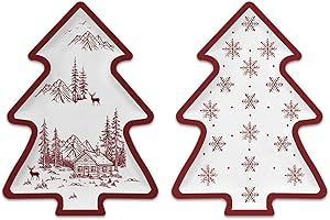 Hunken 2-Piece Christmas Tree Melamine Tray Set, 13 x 10 Inch Festive Serving Platters with Red Line Art Forest and Snowflake