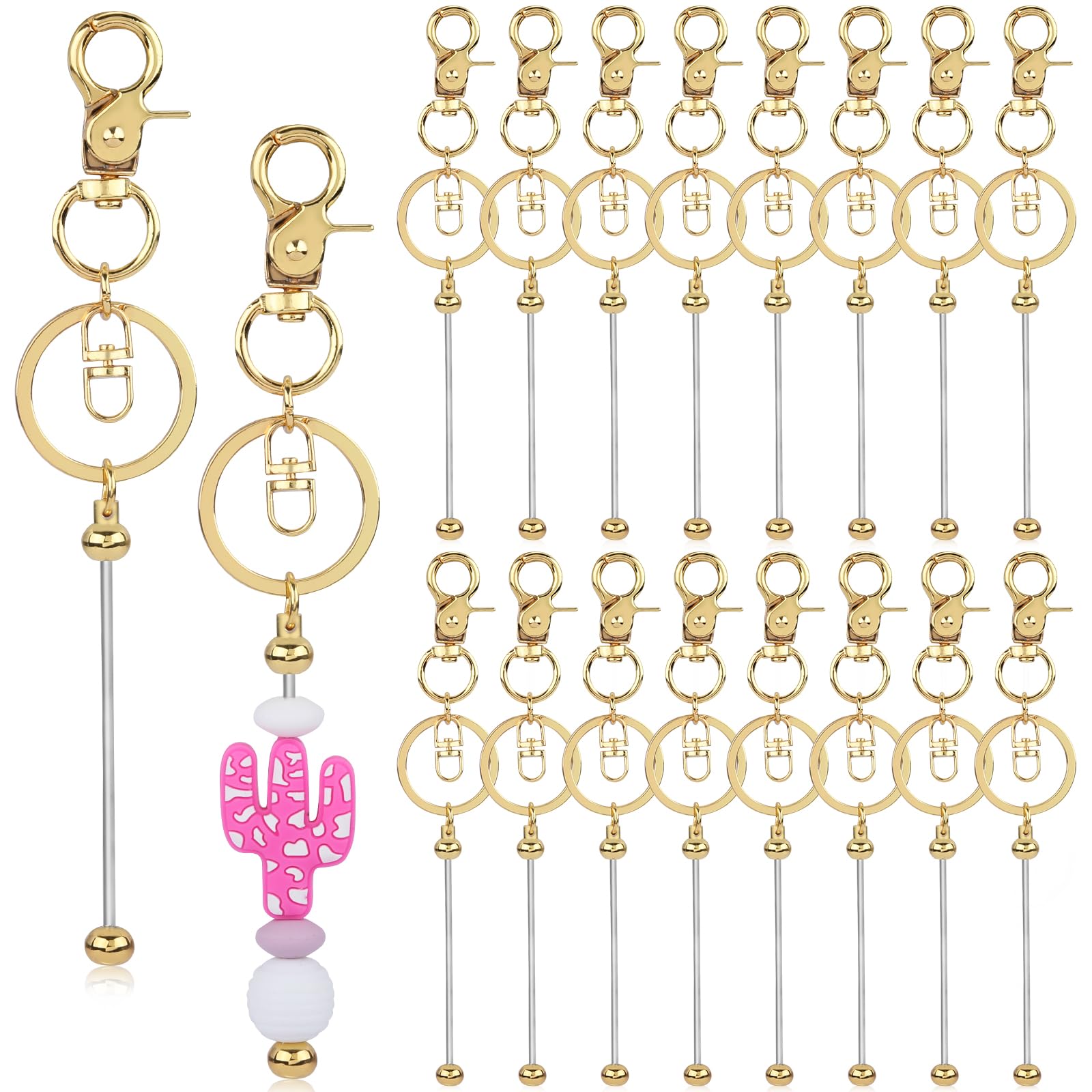 WEWAYSMILE 16pcs Blanks Beaded Keychain, Beadable Keychain Bar, Beadable Keychains Metal Bar Chains, for DIY Jewelry Making Keychain Bars Accessories (Gold)