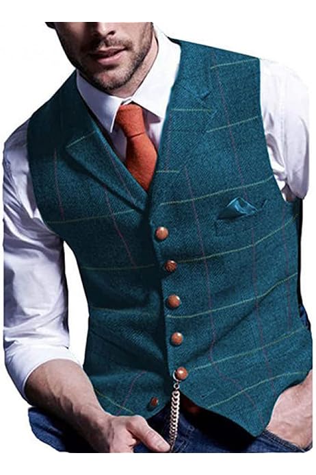 Slim Fit Casual Green Plaid Vest 