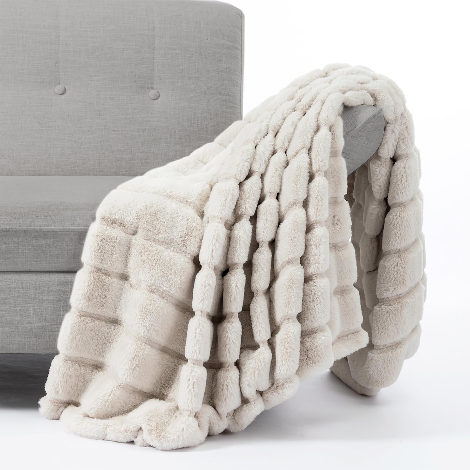 Photo 1 of Cozy Bliss Faux Fur Throw Blanket for Couch, Cozy Soft Plush Thick Winter Blanket for Sofa Bedroom Living Room, 60 * 80 Inches Beige