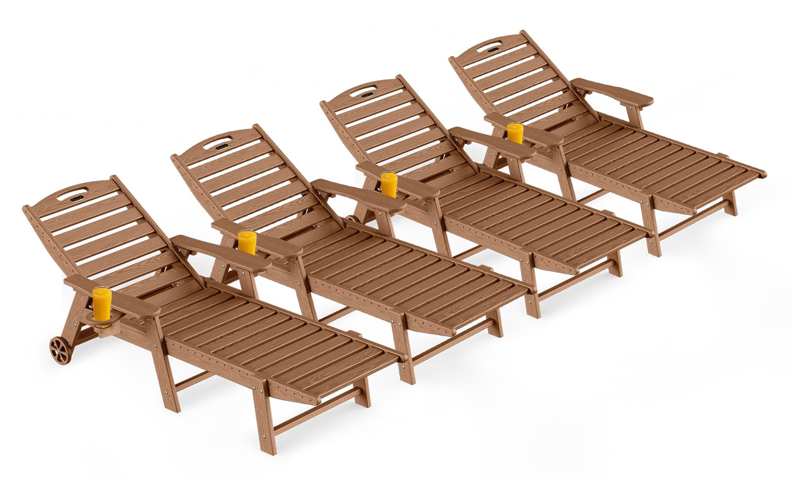 Ciokea Outdoor Lounge Chair Set of 4, All Weather Patio Chaise Lounge Chairs for Outside, HDPE Chair with Rolling Wheels & Cup Holder, 5 Position, Deck, Pool, Brown Image