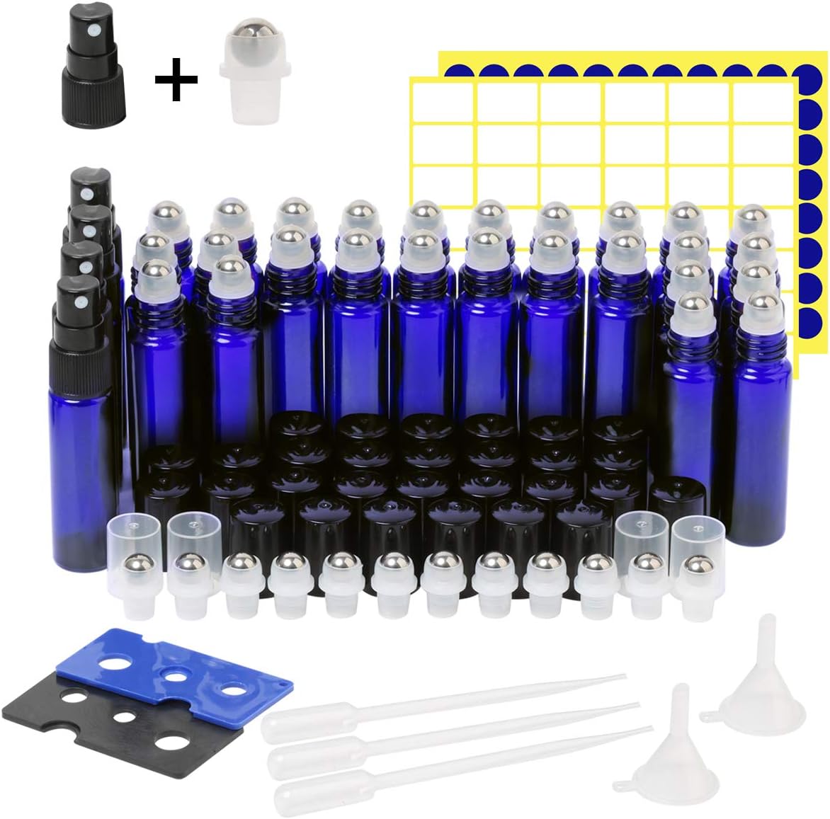 Essential Oil Roller Bottles,30 Pack 10ml Cobalt Blue Glass Roller Bottles with Stainless Steel Roller Balls(4 Extra Spray,8 Extra Roller Balls,3 Dropper,2 Funnel,2 Opener,138 Label)