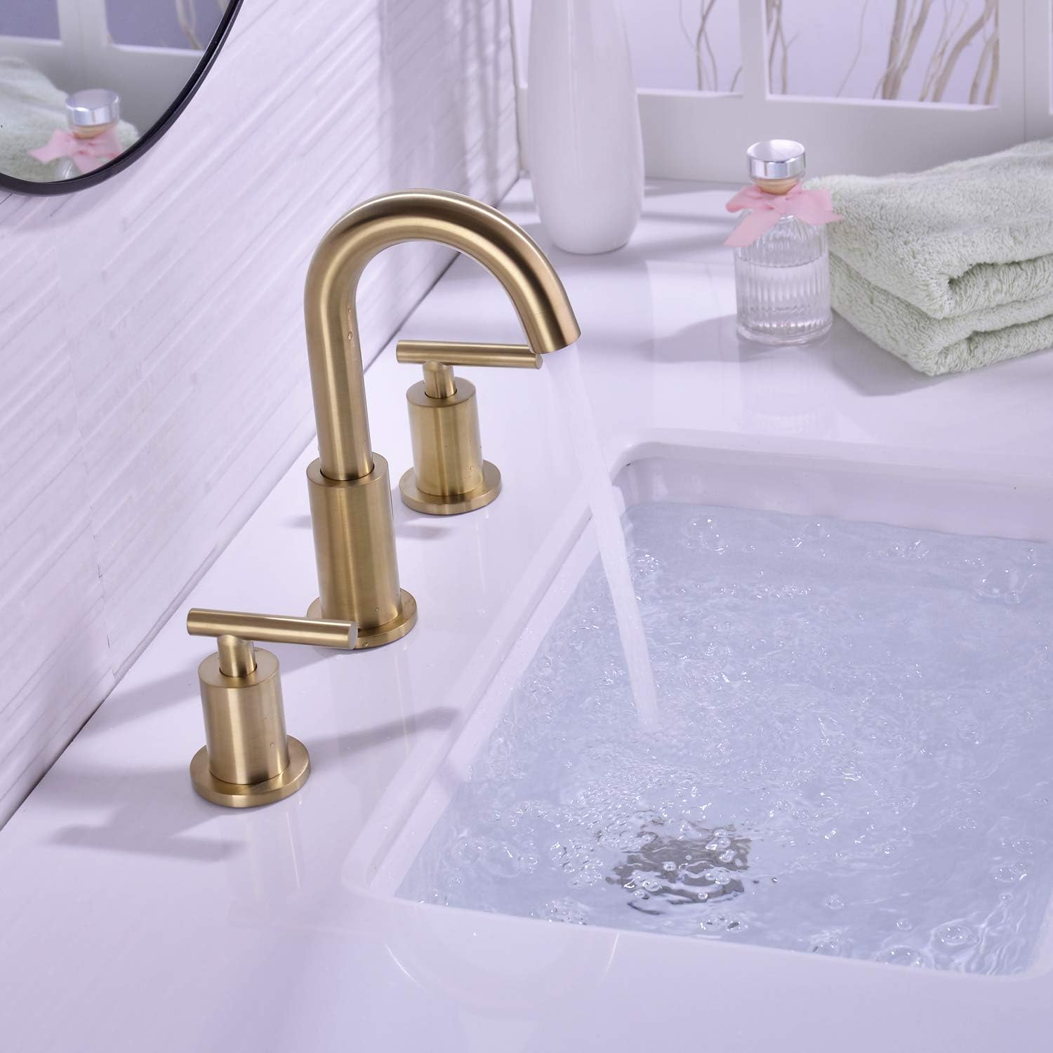 TRUSTMI 2 Handle 8 Inch Brass Bathroom Sink Faucet 3 Hole Widespread with Valve and cUPC Water Supply Hoses, with Overflow Pop Up Drain Assembly, Brushed Gold - - 