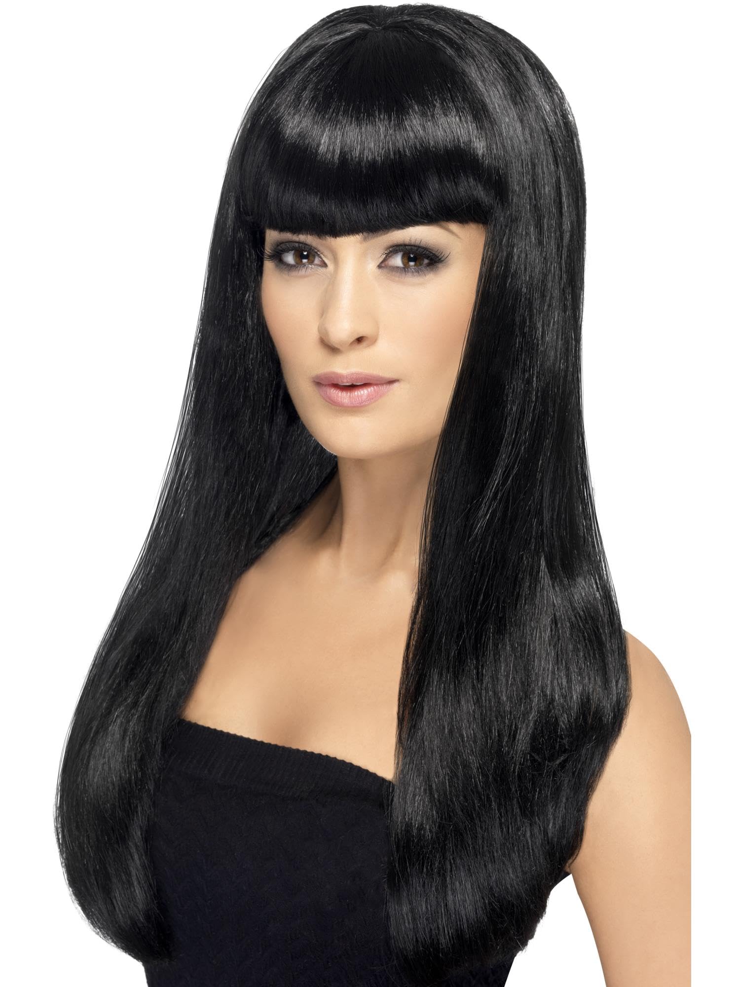 Smiffys Babelicious Wig, Black Long, Straight with Fringe, Ladies Glamour Wigs Fancy Dress, Adult Dress Up Wigs