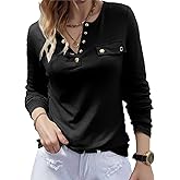 Flamingals Women's Long Sleeve Henley Shirts V Neck Solid Button Up Solid Business Casual Tops 2025 Fall Fashion