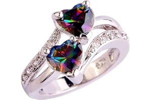 Emsione Vintage 925 Sterling Silver Plated Halo CZ Double Heart Created Blue&White Topaz Love Wedding Promise Ring