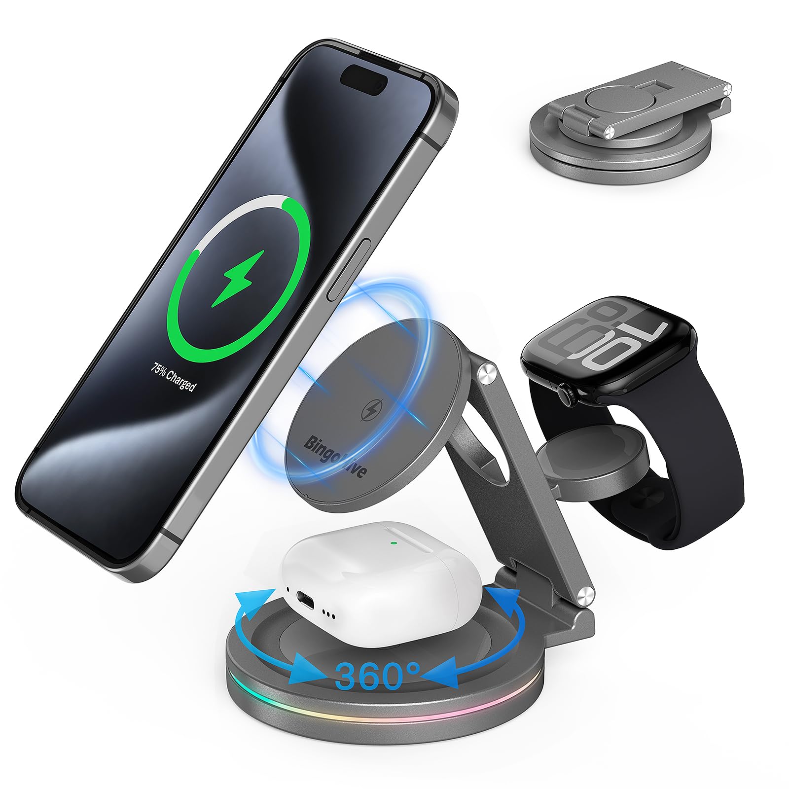Photo 1 of 3 in 1 Wireless Charger Station for iPhone & Apple Watch & AirPods, 360 Rotating 10W Fast Charging Station Compatible with iPhone 12-16 Series Zinc Alloy Foldable Charger Stand with Magnetic
