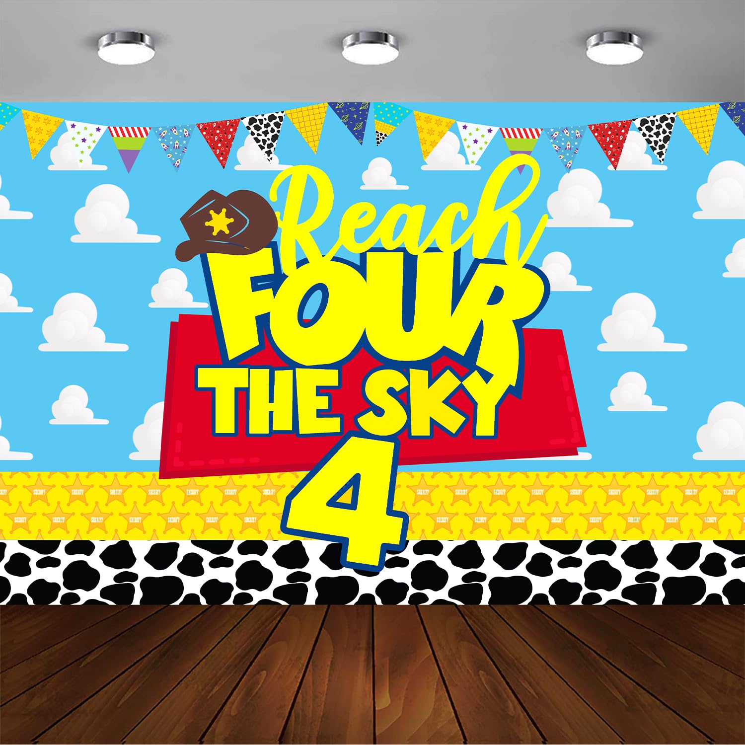 Photo 1 of Reach Four The Sky Birthday Banner Backdrop Blue Sky Clouds Cartoon Story 4th Birthday Party Supplies Decorations Reach Four The Sky Birthday Decorations for Boys (Blue Reach 4 Sky)
