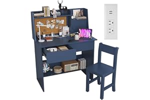 SFDOU Blue Kids Desk and Chair Set for 5-12 Year Old, Childrens Computer Desk with Drawers and Storage Shelf, Kids Study Table with Charging Station-9ZnYjI