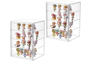 BEEHOMAY 4 Tiers Clear Acrylic Display Case, Plastic Storage Bins with 3 Adjustable Divider and Magnetic Door,Stackable Display Box for Figures Showcase (4 Tier-Extra Large-2 Pack)