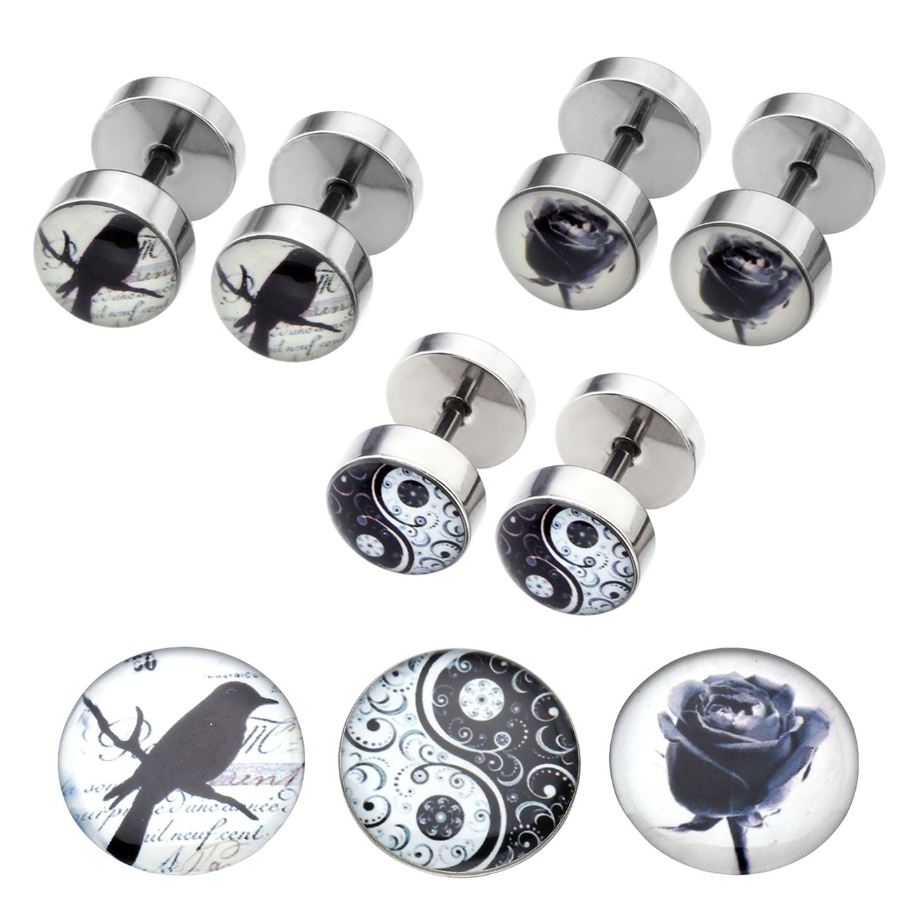 PiercingJ 6pcs 16G Stainless Steel Mensa Womens Stud Barbell Earrings Illusion Ear Piercing Plugs Tunnel Plug 0G Gauge Look